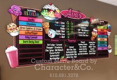 a large menu board hanging on the wall in an office building with ice cream and donuts written on it