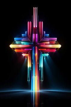 a colorful cross with bright lights shining on the top and bottom part, in front of a black background