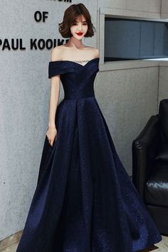 Dark Blue Amazing Evening Dress A-Line Bateau Neck Floor-Length Short Sleeves Lace-up Pleated Satin Fabric evening dress Ring Dance Dresses, Bateau Neck, Dress A Line, Evening Dresses Elegant, Evening Dresses Long, Dance Dresses, Satin Fabric, Evening Dress, Floor Length