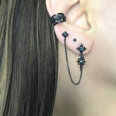 Ear Piercings Dark Aesthetic, Goth Ear Piercings Grunge Jewelry, Gothic Piercings Earrings, Ear Piercings Gothic, Piercings Black, Black Piercings Aesthetic, Black Earring Stack, Black Studs, Black Piercing Jewelry