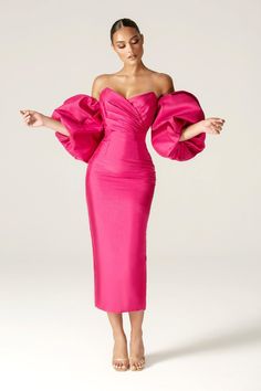 Tiffany Dupioni Puff Sleeve Maxi Dress (Hot Pink) - Alieva Dupioni Silk Dress, Pink Dress Outfits, Dupioni Silk Fabric, Looks Kate Middleton, Puff Sleeve Maxi Dress, Tailored Skirt, Dupioni Silk, Hot Pink Dresses, Sleeve Maxi Dress