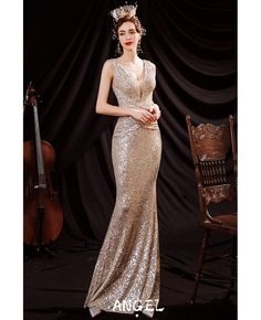 Buy luxe champagne gold sequined mermaid formal dress with deep vneck at wholesale price online. Free shipping and pro custom service since 2009. V-neck Mermaid Dress For Banquet, Fitted V-neck Sequin Mermaid Dress, Formal V-neck Mermaid Dress, V-neck Mermaid Dress For Evening, Sequined V-neck Mermaid Dress For Banquet, Champagne Color, Dresses To Wear To A Wedding, Mermaid Dress, Champagne Gold