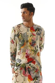 Shop for Mahima Mahajan Multi Color Organza Satin Flower And Butterfly Print Kura With Pant for Men Online at Aza Fashions Mahima Mahajan, Flower And Butterfly, Print Flower, Satin Flowers, Color Full, Kurta With Pants, Full Sleeves, Garment Bags, Pant Set