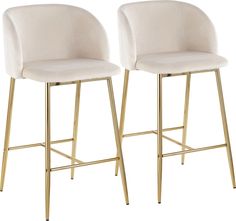 pair of white velvet bar stools with gold metal legs and backrests, set of 2