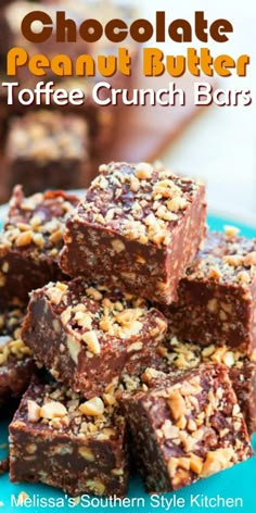 chocolate peanut butter toffee crunch bar on a blue plate