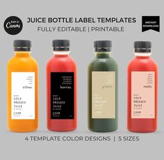 juice bottle label templates fully editable and printable with 4 color designs, 5 sizes