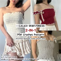 [NOT THE BUNDLE] Calico Top/Dress is a coquette style top and dress, designed to elegantly accentuate the body shape through the use of crochet shirring. The design also includes 2 different sleeve/strap options as well as an additional bow/ribbon design. --The Pattern-  - 1x 24 pages written instructions of the Calico Top/Dress - 1x 15 pages tester's look book - m2m (made-to-measure) pattern - Written in US terminology | metric (cm)  - Crochet Experience: Advanced beginner (Confident beginner m Crochet Coquette Top, Crochet Babydoll Top, Crochet Patchwork Blanket, Shirring Top, Dress Coquette, Quick Crochet Patterns, Band Design, Quick Crochet, Ribbon Design