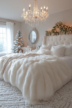 a bed with white fur on it and a chandelier hanging from the ceiling