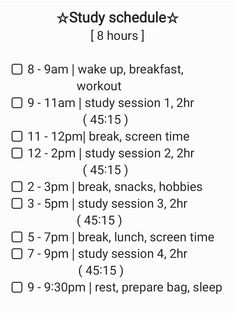 an image of a schedule for a break in the morning with text that reads,'study schedule 8 hours '