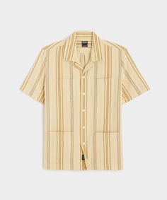 Short-Sleeve Striped Guayabera Shirt in Canvas Casual Beige Camp Collar Shirt, Casual Striped Camp Shirt With Camp Collar, Sweatshorts Shorts, Polo Coat, Tuxedo Shirt Dress, Guayabera Shirt, Linen Suits, Todd Snyder, Linen Tshirts