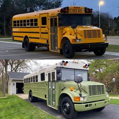 two school buses side by side on the same street, one is green and the other is yellow