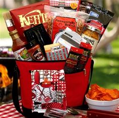 a red picnic bag filled with food and condiments