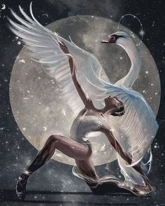 a woman is dancing in front of the moon with her wings spread out and she has one arm outstretched