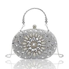 PRICES MAY VARY. 3-in-1 Design:Rhinestone purse wrapped with gold frame, push lock design, asun flower made of precious stones in the middle, gold bracelet with gold chain, showing a charming and noble temperament. Evening bag/Handbag/Shoulder chain bag,can be clutched by hands or hung on shoulders with the detachable chain. Size:The crystal clutch purse external dimensions: 8"L x 5.5"H x 2.3"W, Internal dimensions:7.2"L x 4.7"H x 2"W. Weight:0.9 LB. One detachable metal shoulder O chains Length Pack Of Gum, Glitter Purse, Gatsby Themed Party, Party Handbags, Wedding Silver, Lock Design, Rhinestone Clutch, Crystal Clutch, Shoulder Chain