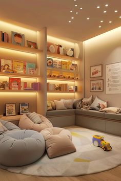 a child's room with toys and bookshelves on the wall, including a bean bag chair