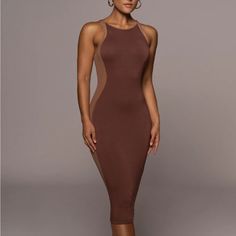 Nwt Chocolate Dress With Mesh Sides Size Small Fitted Brown Midi Dress, Brown Fitted Midi Dress, Brown Midi-length Bodycon Dress For Evening, Stretch Brown Midi Dress For Date Night, Brown Midi Length Bodycon Dress For Evening, Fitted Brown Midi Dress For Summer, Brown Fitted Midi Dress For Summer, Elegant Brown Midi Bodycon Dress, Elegant Brown Bodycon Summer Dress