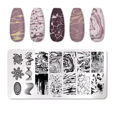 Abstract nail stamping plate for DIY nails, with multiple designs for an infinite amount of looks.  Instructions of use:  1. Remove protective film from stamping plate  2. Apply polish on the design  4. Make a scraper leaned over 45 degrees and scrape excessive polish off quickly and strongly from inside to outside  5. Immediately press the stamper with a gentle rolling motion to pick up the design. the image transfer on the stamper.  6. Stamp the image on your nail with a gentle rolling motion. Simple Nails Design, Nagel Stamping, Geometric Artists, Pattern Nail Art, Nail Art Stencils, Steel Nail Art, Line Nail Art, Images D'art, Nail Art Images