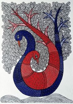 a drawing of a peacock with red and blue feathers