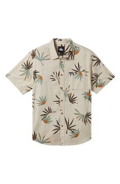 Feel like you're on vacation no matter what you're doing in this crisp cotton sport shirt awash with island-inspired prints. Front button closure Spread collar Short sleeves Chest patch pocket 100% cotton Machine wash, tumble dry Imported Cotton Short Sleeve Button-up Shirt For Beach Season, Tropical Cotton Button-up Hawaiian Shirt, Cotton Tropical Hawaiian Button-up Shirt, Tropical Cotton Hawaiian Button-up Shirt, Summer Cotton Camp Shirt With Palm Tree Print, Cotton Hawaiian Button-up Shirt For Beach, Tropical Cotton Shirt With Palm Tree Print, Tropical Short Sleeve Cotton Shirt For Vacation, Green Cotton Camp Shirt For Beach Season