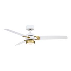 a ceiling fan with two white blades and a gold light fixture on top of it