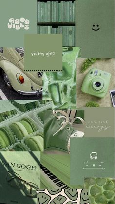 a collage of green and white items with words on them, including an image of a car