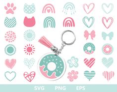 a pink and blue donut keychain with different designs on it