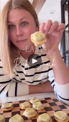 a woman sitting at a table with pastries in front of her and the words easy pick - up