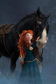 a woman with red hair standing next to a black and white horse on a blue background