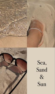 two pictures with the words sea, sand and sun written on them