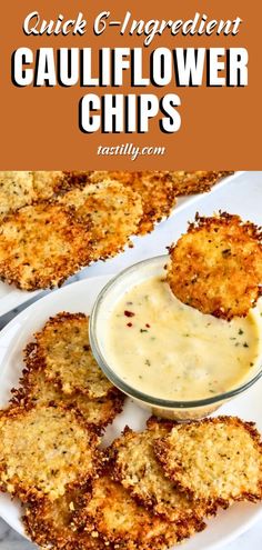 fried cauliflower chips on a white plate with sauce in the middle and text overlay