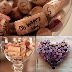 wine corks are arranged in the shape of a heart and have words written on them