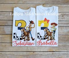 two personalized birthday shirts for boys with the number five and cowboy characters on them