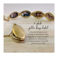 a gold locke necklace with three photos on it and the words, golden rings left