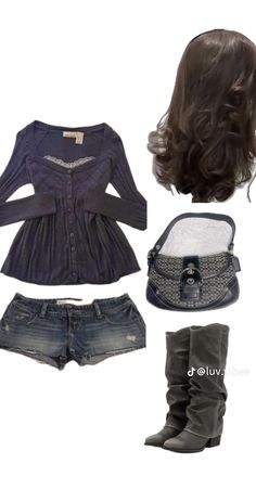 an assortment of clothing and accessories including boots