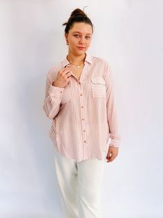 Who doesn't love a button down stripped shirt? 
 So easy to pair with solid colors, specially contrasting colors, this will be your go to top with jeans for the comfort and style! 
 Super soft, not fitted, light weight! Available in Regular & Curvy sizes. 
 Fabric: 57% Rayon, 43% Polyester.  
 
 Care Instructions: Hand wash cold, line dry Top With Jeans, Cardigan Top, Samara, Anklet Jewelry, Romper Pants, Sweater And Shorts, Coat Dress, Sweater Skirt, Love A