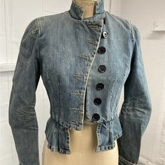 This Is A Vintage Marc Jacobs Denim Jacket. Distressed Finish. In Excellent Condition. Fitted Denim Blue Cotton Outerwear, Fitted Denim Blue Outerwear With Snap Buttons, Fitted Denim Jacket With Buttons, Fitted Cotton Denim Jacket With Buttons, Fitted Jeans With Snap Buttons For Fall, Fitted Jeans With Buttons For Fall, Fall Fitted Jeans With Snap Buttons, Fitted Washed Denim Blue Denim Jacket, Fitted Washed Denim Jacket