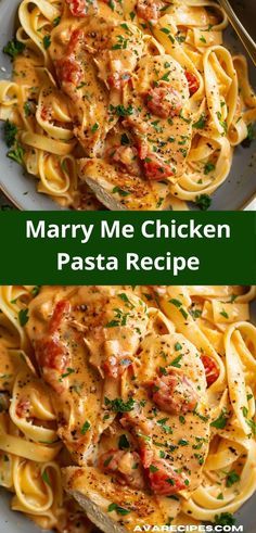 mary me chicken pasta recipe is shown in two separate images, with the title above it