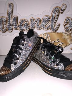 WOMEN'S Silver/Black/Gold/ Rhinestone Bling All Star Chuck Taylor Sneakers Low-Top Rhinestone Sneakers, Bedazzled Shoes, Bling Converse, Ribbon Shoes, Louis Vuitton Shoes Heels, Diy Shoe, Bling Fashion, Candy Cart, Crafting Inspiration