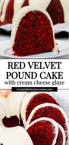 red velvet pound cake with cream cheese glaze is cut in half and ready to be eaten