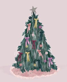 a drawing of a christmas tree with presents on it and a star hanging from the top