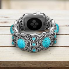 "Antique Silver and Turquoise Apple Watch Band Bracelet - Western Style Boho Chic Jewelry Please choose Apple watch band size upon checkout. Measures 1 1/4\" wide. Matching earrings sold separately." Bohemian Silver Bracelet Strap Watch Bands, Bohemian Silver Watch Bands With Bracelet Strap, Bohemian Silver Watch Bands As Gift, Bohemian Silver Watch Band As Gift, Bohemian Silver Adjustable Apple Watch Band, Bohemian Adjustable Silver Apple Watch Band, Vintage Adjustable Bracelet Strap Apple Watch Band, Adjustable Vintage Bracelet Strap Apple Watch Band, Silver Adjustable Bohemian Apple Watch Band