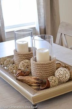 a tray with candles and other items on it