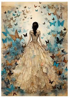 a painting of a woman in a dress surrounded by butterflies