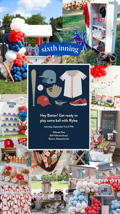 a collage of photos with balloons, cake and other items for an outdoor baseball party