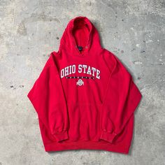 "Vintage Red Ohio State Hooded Sweatshirt. Used condition. Size L Pit to Pit: 26\" length from collar: 25\"" Red Fan Apparel Hoodie, Red Crew Neck Fan Apparel Hoodie, Collegiate Red Hoodie For Fan Gear, Red Collegiate Hoodie For Fan Gear, Red Crew Neck Hoodie Fan Apparel, University Red Fleece Sweatshirt For Winter, Red Fan Apparel Hoodie Sweatshirt, Red Crew Neck Sweatshirt With Double-lined Hood, Red Hooded Cotton Sweatshirt