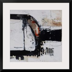 an abstract painting in black and white with red accents on the bottom half of it