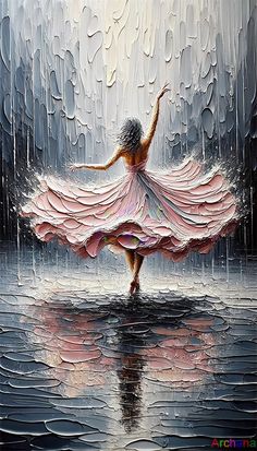 a painting of a woman dancing in the rain with an umbrella over her head and pink dress