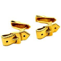 A pair of Vintage Hermès 18 karat yellow gold cufflinks, circa 1950. Each T bar cufflink is designed as a realistically modelled buckled belt, with a T-bar fitting. Strong, timeless and versatile these silver cufflinks are a smart and wearable example of the House of Hermes, perfect for every day wear and beyond. Signed 'HERMES, PARIS' and numbered 54365, with Assay marks for France Dimensions: 30 x 10mm The cufflinks are not accompanied by the original papers, however they are accompanied by a complimentary valuation for insurance and authenticity. Overall the condition of the cufflinks is very good with some slight abrasions to the surface of the gold, in keeping with their general age. Slim Aarons, Gold Cufflinks, Vintage Hermes, Hermes Paris, Retro Men, Silver Cufflinks, Cufflinks, Vintage Jewelry, Yellow Gold