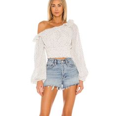 Majorelle Tate Smocked Top In Cream Chic White Smocked Top For Fall, White Smocked Top For Fall, White Smocked Top For Fall Day Out, White Smocked Top For Day Out In Fall, White Chic Smocked Top, Chic Smocked Top For Spring Brunch, Chic White Smocked Top, Chic Off-shoulder Smocked Top With Ruched Details, Chic Fitted Smocked Top For Day Out