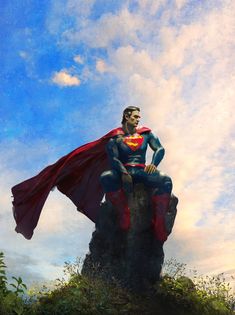 a painting of a man sitting on top of a rock wearing a superman suit and cape